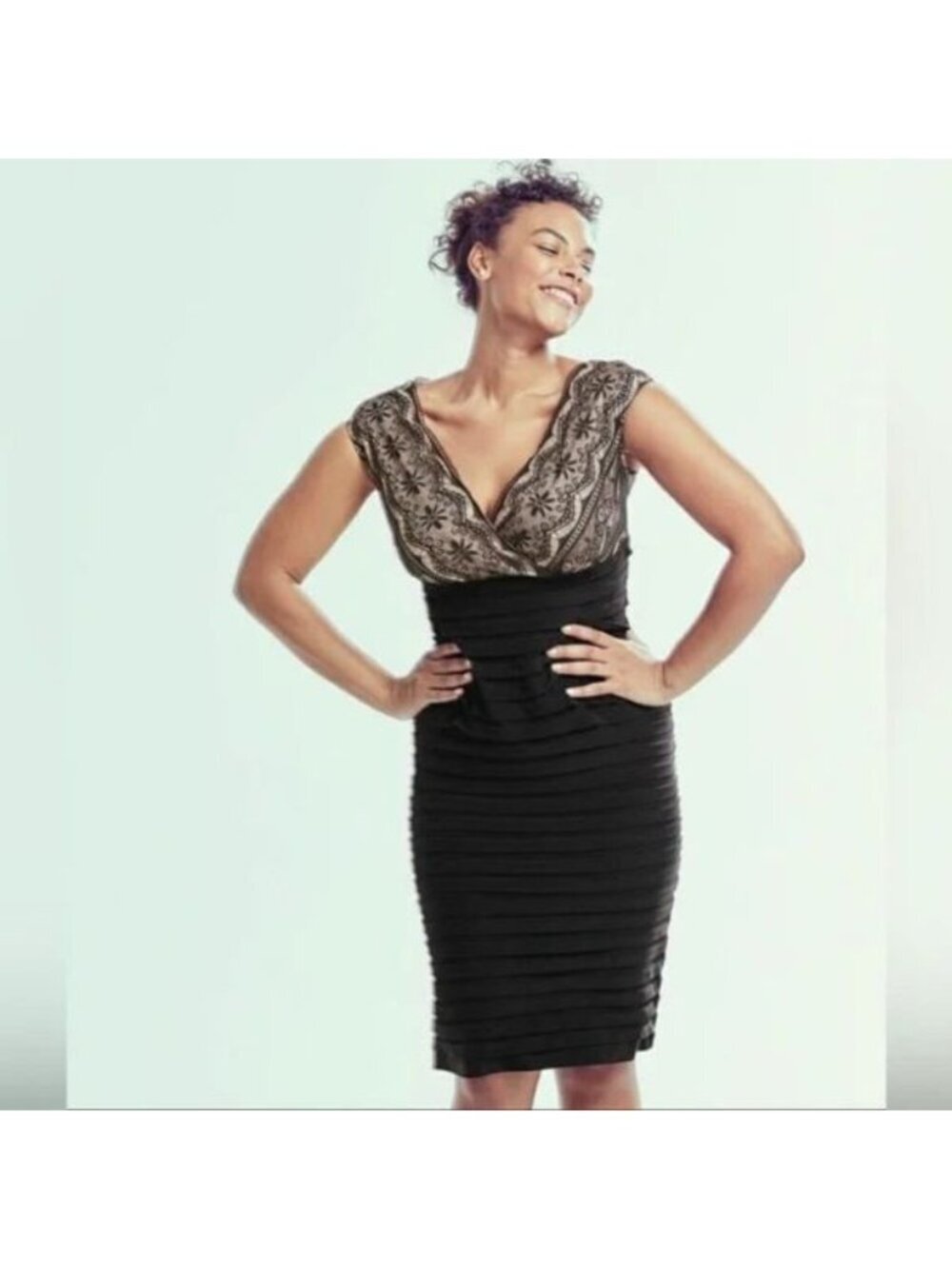 Adrianna Papell Black Lace, banded knee length Dress Sz 8 **see description